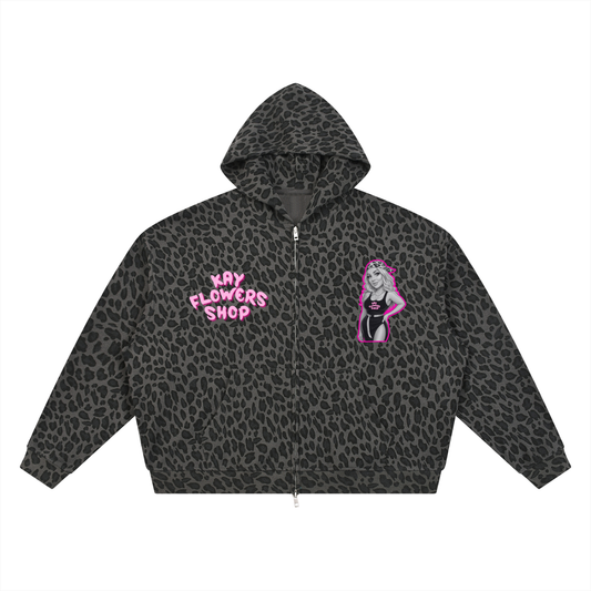 Unisex Leopard Print Waffle Full Zip Hoodie