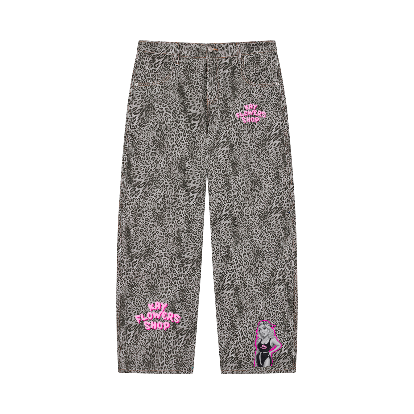 Unisex Vintage Wash Leopard Wide Leg Jeans