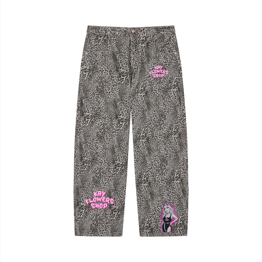Unisex Vintage Wash Leopard Wide Leg Jeans